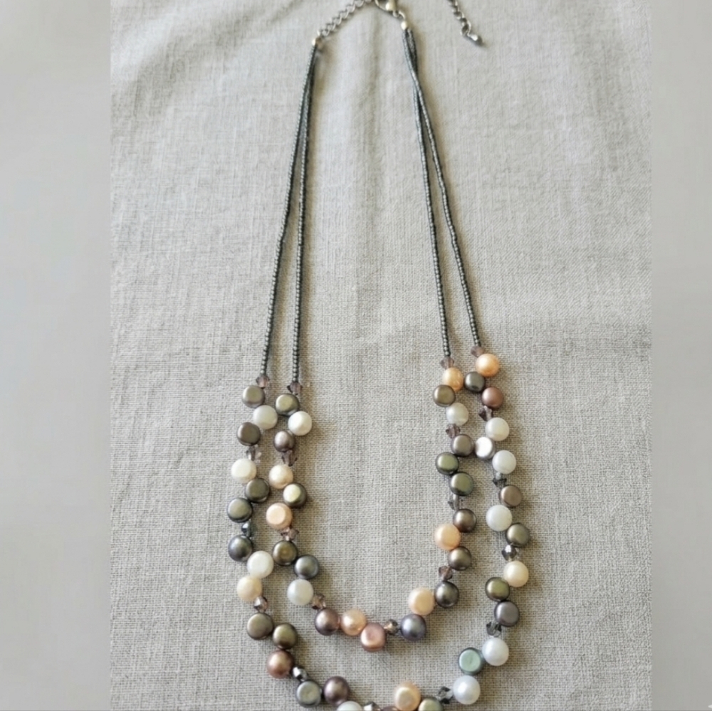 Lia Sophia Freshwater Pearl Double Strand Layered Neutral Iridescent Necklace